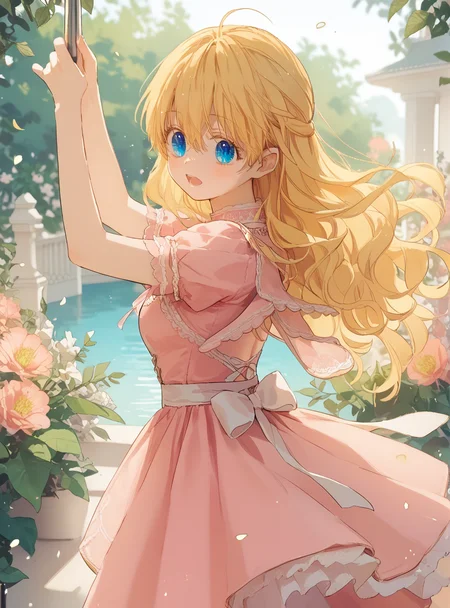 score_9_up, score_8_up, score_7_up, (Anime_source), open mouth, in garden, looking at viewer, <lora:Athanasia_-_Who_Made_Me_a_Princess_-_PONY-Kaleid:1> athanasia, 1girl, blue eyes, long hair, blonde hair, hair between eyes, bangs, medium breasts, pink dress, (clothes lift), from behind