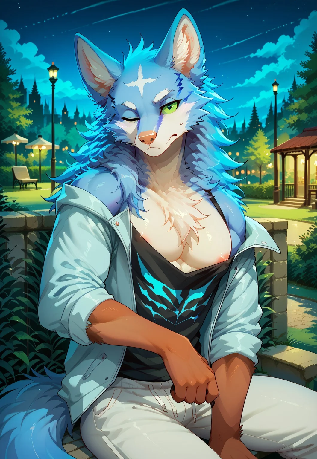 score_9, score_8_up, score_7_up, masterpiece, best quality, night, park, by e-zoid, waspsalad, by waspsalad, zPDXL3, 1boy, solo, Fel_ciawwmas, furry, anthro, maned wolf, blue fur, blue body, green eyes, no sclera, bara, (big pec), open gray jacket, gray sweatpants, (shoulder slip:1.2), reclining, looking at viewer, head tilt, bored, one eye closed, upper body, (quarter shot:1.2)