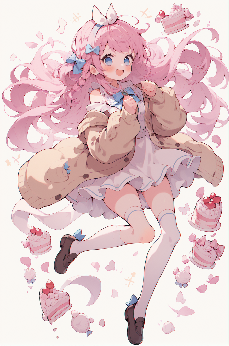 score_9, score_8_up, score_7_up, score_6_up, 1girl, solo, bangs, side braid, blue eyes, happy, blush, bow, dress, cake, full body, hair bow, open cardigan, off shoulder cardigan, long hair, long sleeves, pink hair, shoes, socks, thighhighs,  <lora:Uekura_eku_Style-000009:0.8>, dynamic pose, simple background, full body, (jumping),