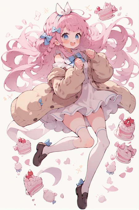 score_9, score_8_up, score_7_up, score_6_up, 1girl, solo, bangs, side braid, blue eyes, happy, blush, bow, dress, cake, full body, hair bow, open cardigan, off shoulder cardigan, long hair, long sleeves, pink hair, shoes, socks, thighhighs, <lora:Uekura_eku_Style-000009:0.8>, dynamic pose, simple background, full body, (jumping),