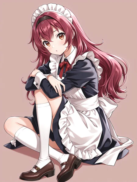 masterpiece,best quality,newest,
1girl,solo,
<lora:koishikawa_ema_ilxl_v1.0:0.8>,k_ema,hairband,long hair,red hair,brown eyes,
<lora:Fixhands_anime_bdsqlsz_V1:1>,looking_at_viewer,simple_background,white_background,full body,sitting,maid,