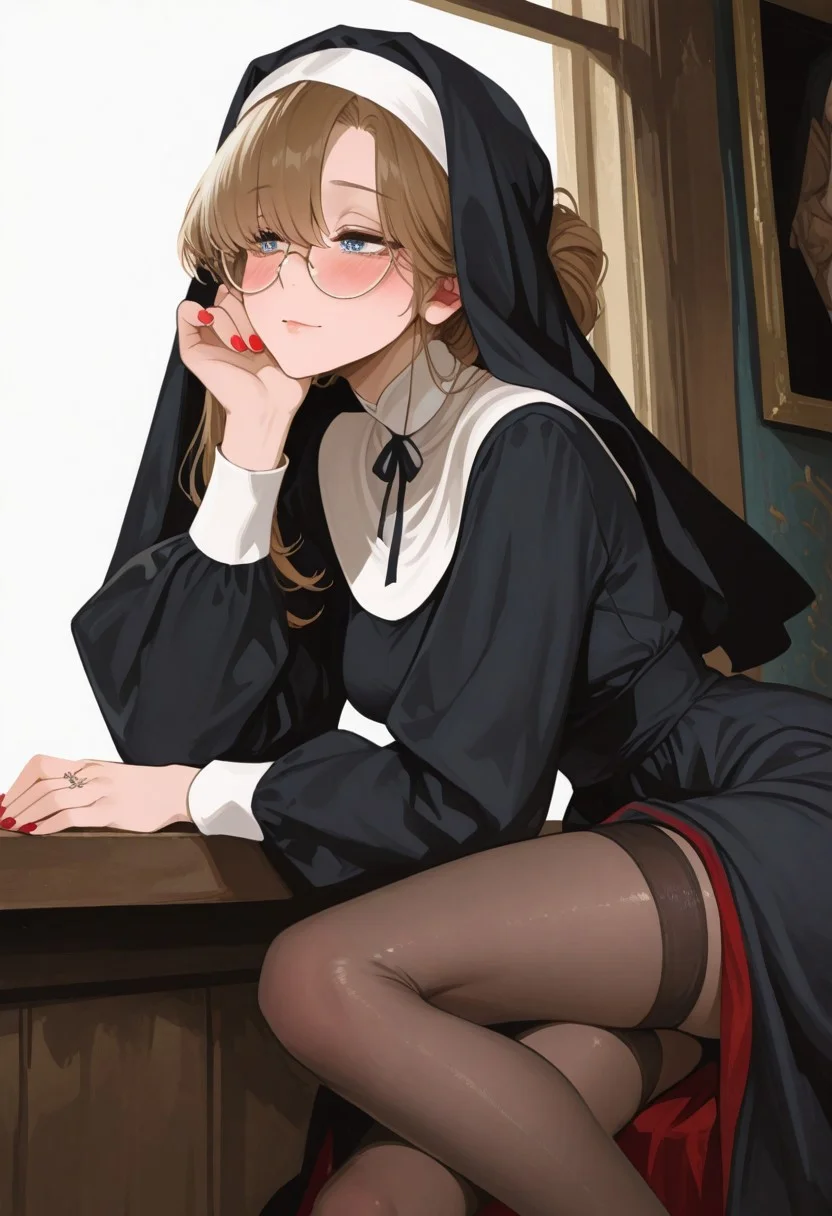 30 year old nun, elegant woman, long dark modest dress, black stockings, smooth legs, long legs, red nail polish, long nails, round glasses, chestnut brown hair, soft hairstyle, azure eyes, some hair strands visible from under the veil, but not going through the fabric
leaning on a windowsill, resting chin on hand, dreamy look, soft afternoon light, indoor scene, shy expression, blushing