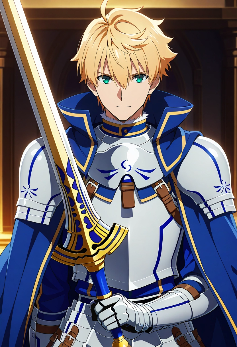 masterpiece, best quality, , anime screencap, anime coloring, official style, looking at viewer, 1boy, solo, male focus, <lora:arthur_pendragon_fate_ilxl:0.92>, arthur_pendragon_fate, blonde hair, green eyes, short hair, ahoge, hair between eyes, bangs, armor, breastplate, gauntlets, pauldrons, shoulder armor, blue cape, holding sword, ,