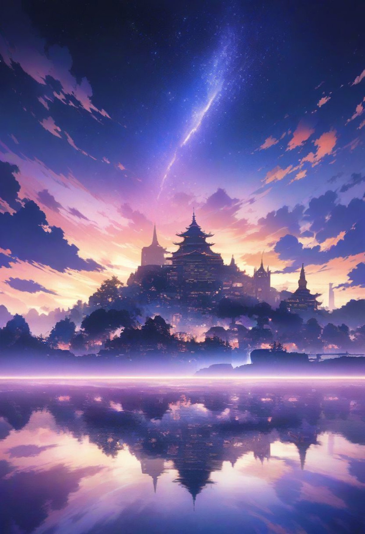 Official Art, Unity 8K Wallpaper, Extreme Detailed, Beautiful and Aesthetic, Masterpiece, Top Quality, perfect anatomy, a beautifully drawn (((ink illustration))) depicting, integrating elements of calligraphy, vintage, yellow and purple accents, watercolor painting, (best illustration), (best shadow), Analog Color Theme, vivid colours, contrast, smooth, sharp focus, scenery, outdoors, sky, cloud, no humans, night, building, star \(sky\), night sky, scenery, starry sky, reflection, sunset, city, cityscape, city lights