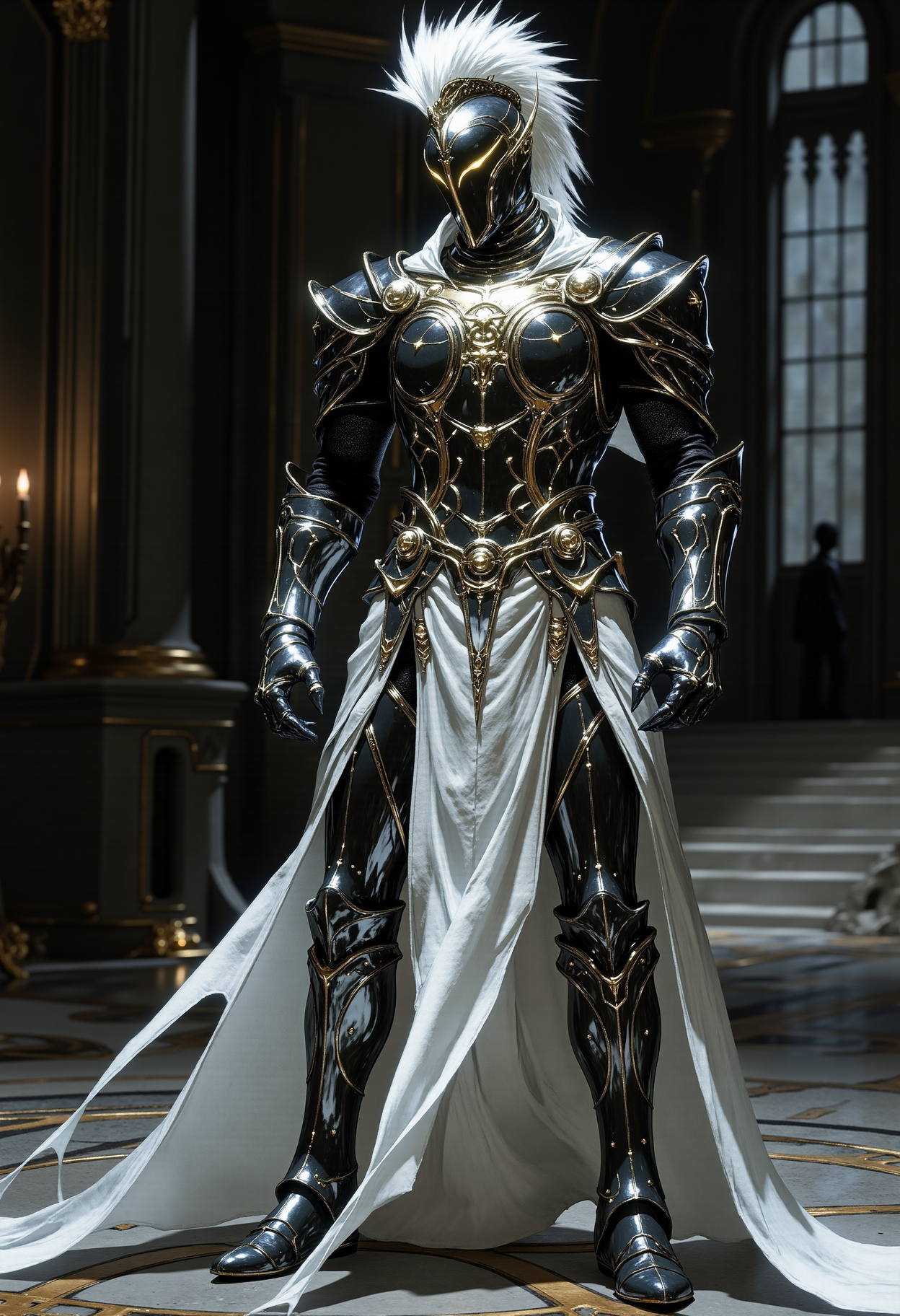 Create an image of a majestic warrior, inspired by Achilles the central character in Homer's Iliad, wearing a futuristic, metallic armor with a complex, segmented design. The armor should have multiple plates and reinforcements, combining both ancient and modern aesthetics. The helmet should have a striking crest reminiscent of ancient Greek soldiers, yet designed in a sleek, modern style. The shoulders and arms of the armor should feature additional plating with gold accents. The warrior should wear a long, flowing white cape, adding a touch of royalty. Set the scene in a dark, grand hall with high, arched windows in the background, combining elements of ancient grandeur with a futuristic atmosphere. The overall appearance should exude strength, nobility, and a harmonious blend of the old and the new.