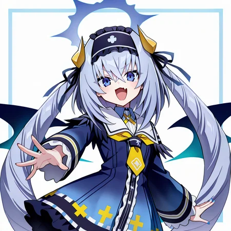 <lora:mitsubaMFG:1>,mitsuba \(mfg\),blue hair,horn,blue eyes,blue halo,open mouth,skin fang,
wings,long sleeves,dress,hairband,
solo,1girl,look at viewer