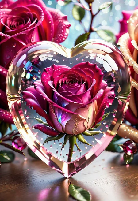 Studio quality, highly detailed, high resolution, smooth crystal heart, glass rose, pink and champagne, shimmering, sparkling, magical glow