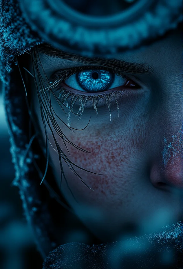 A close-up of a frost-covered, weary face with chapped lips and intense eyes, details of frozen eyelashes, under dramatic, moody lighting, snowflakes delicately resting on the skin, cinematic focus on facial texture and raw survivalist expression, illuminated by cold, blue-toned lighting, steam and frost swirling in the background bv-fropunsty<lora:bv-frostpunk-style-v1.safetensors:1.0:1.0>
