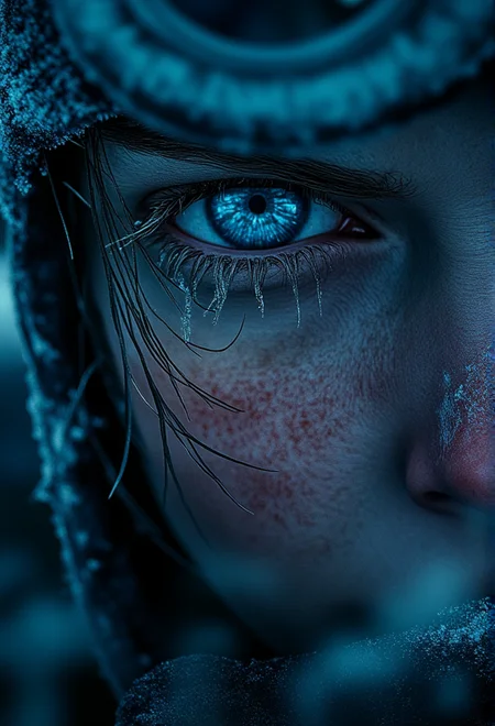 A close-up of a frost-covered, weary face with chapped lips and intense eyes, details of frozen eyelashes, under dramatic, moody lighting, snowflakes delicately resting on the skin, cinematic focus on facial texture and raw survivalist expression, illuminated by cold, blue-toned lighting, steam and frost swirling in the background bv-fropunsty<lora:bv-frostpunk-style-v1.safetensors:1.0:1.0>
