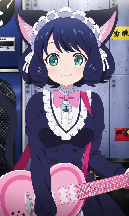 masterpiece, best quality, curvy, beautiful eyes, zzcyanhijirikawa, 1girl, solo, looking at viewer, animal ears, cat ears, instrument, guitar, cat girl, aqua eyes, tail, green eyes, cat tail, bow, bell, blue hair, upper body, smile, electric guitar, short hair, bowtie, :3, curly hair, black hair, pink bow, dress, maid headdress, fashion, closed mouth, jingle bell, pink bowtie,