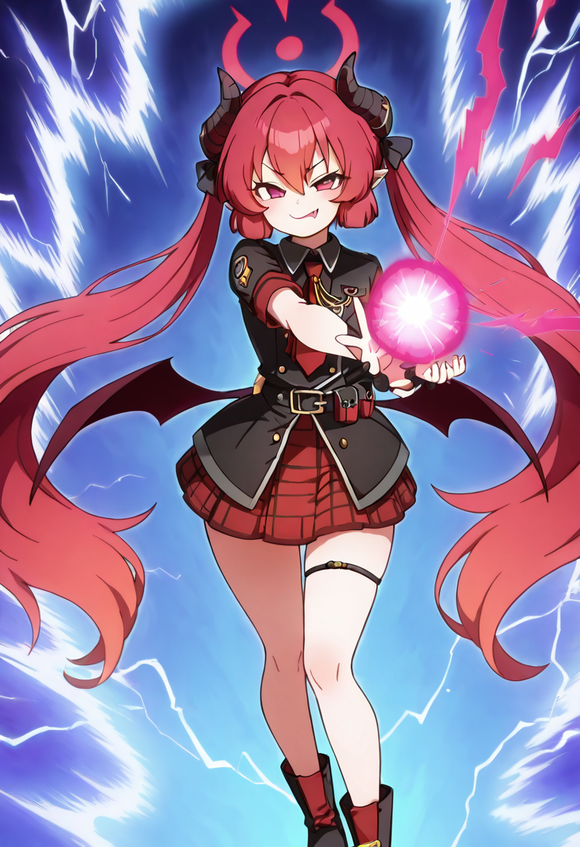 masterpiece, best quality, solo, curvy, beautiful eyes,  narrow waist, wide hips, zzJunko, red eyes, red halo, red hair, horns, long hair, twintails, halo, demon horns, pointy ears, wings, hair between eyes, demon wings, very long hair, black horns, low wings, ribbon black shirt, pleated skirt, red skirt, short sleeves, plaid skirt, red necktie, thigh strap, belt, fang, black footwear, boots,  ,       <lora:JunkoBlueArchiveIXL:1.0>, ,vivid aura, looking at viewer, blue background, smug, aura, super saiyan, charging energy, energy ball, energy, lightning, <lora:DBSBroly_Style_IXL_v2:0.6>,