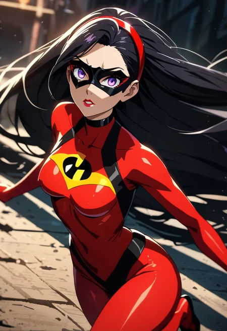 1girl, violetparr (/The Incredibles)/,(ultra HD quality details), black hair, long hair, hairband, purple eyes,
red bodysuit, mask, solo, black choker, eyeliner, gorgeous lips, cinematic, (masterpiece), (best quality), (ultra-detailed), very aesthetic, illustration, perfect composition, intricate details, absurdres, detailed face, hipattack, jumping, motion blur, depth of field, (anime, masterpiece, intricate:1.3), (best quality, hires textures, high detail:1.2), (4k),(incredibly detailed:1.4)
high contrast, dark room, shiny neon, bright colors, dark shadows, detailed skin, eyeshadow, nsfw,