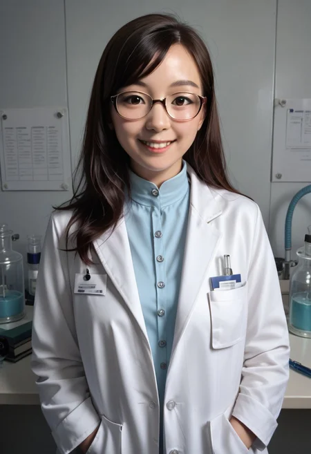 score_9, score_8_up, score_7_up, score_6_up, score_5_up, score_4_up, img, 1girl, realistic, asian woman, scientist, glasses,white lab coat, illustration, smile, realistic, in a laboratory, intricate details zPDXLrl