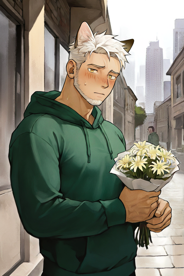 masterpiece, best quality, highres, newest, 1boy, bara, solo, male focus, mature male, short hair, white hair, yellow eyes, looking at viewer, upper body, blush, shy, standing, green hoodie, lond long sleeves, animal ears, cat ears, cat boy, holding flower, holding bouquet, outdoors, city, building <lora:OIS - Bara Style 2 [LoRA] - NoobAI-XL EPS 1.0:0.7>