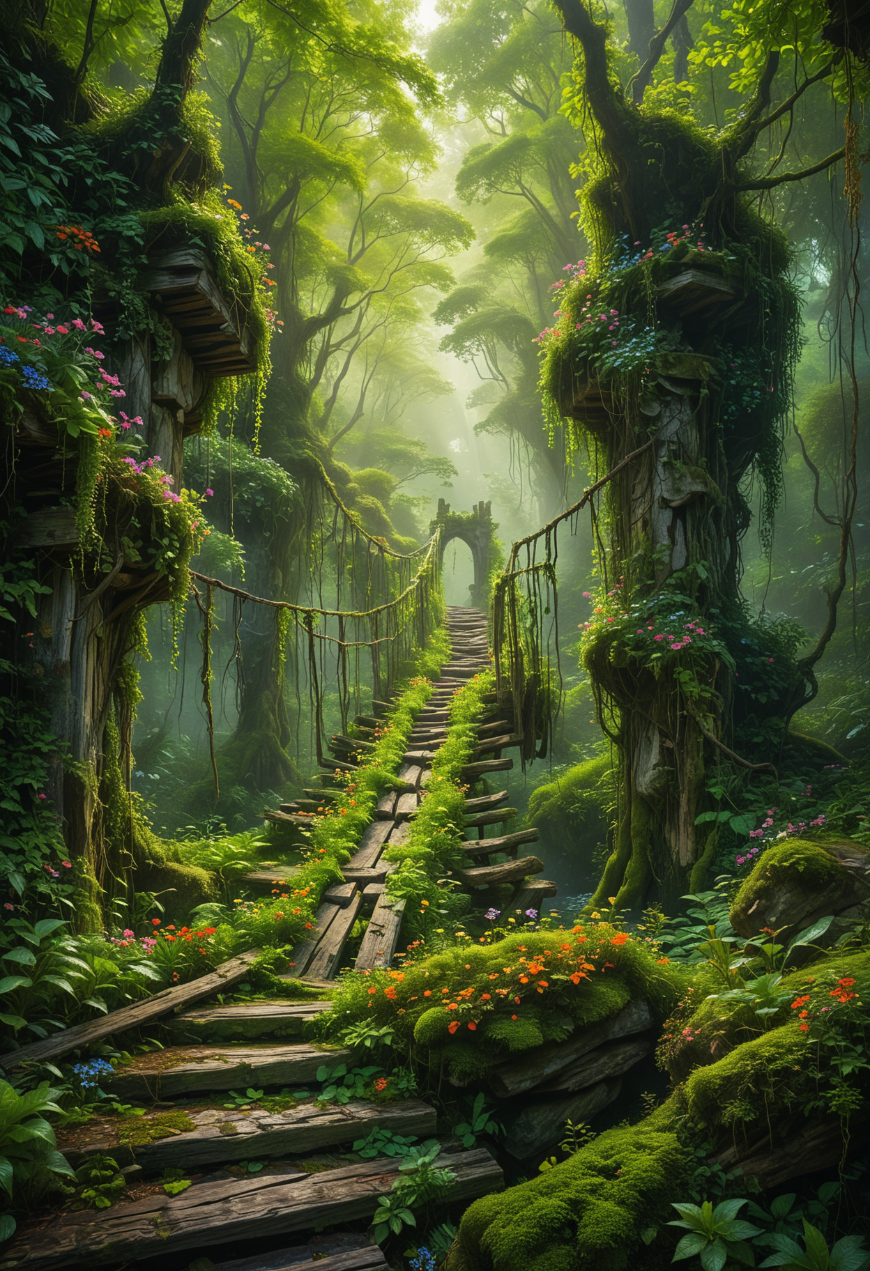 A stunning scene of a mystical overgrown forest with a broken wooden bridge suspended by vines, The bridge covered in lush green foliage and colorful flowers, stretches precariously between towering moss-covered rock formations, soft ethereal light filters through the dense canopy, casting dappled patterns on the ancient and weathered planks, enchanting and otherworldly atmosphere, glowing bioluminescent plants illuminating the path ahead, <lora:MJ52:0.3>, <lora:SDXLFaeTastic2400:0.4>, <lora:add-detail-xl:1>, <lora:NicolaSamori:0.6>