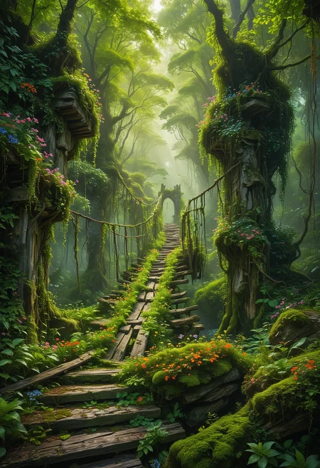 A stunning scene of a mystical overgrown forest with a broken wooden bridge suspended by vines, The bridge covered in lush green foliage and colorful flowers, stretches precariously between towering moss-covered rock formations, soft ethereal light filters through the dense canopy, casting dappled patterns on the ancient and weathered planks, enchanting and otherworldly atmosphere, glowing bioluminescent plants illuminating the path ahead, <lora:MJ52:0.3>, <lora:SDXLFaeTastic2400:0.4>, <lora:add-detail-xl:1>, <lora:NicolaSamori:0.6>