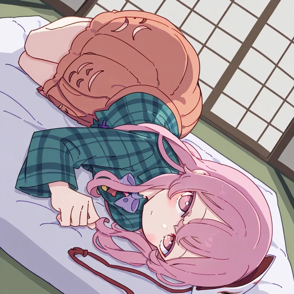 masterpiece, best quality, very aesthetic, absurdres, artist:kame \(kamepan44231\), by kame, kame_official, 1girl, hata no kokoro, aqua shirt, blush, closed mouth, hair between eyes, long hair, long sleeves, lying, on side, lying on futon, looking at viewer, mask, mask on head, orange skirt, pink eyes, pink hair, plaid shirt, pleated skirt, shirt, skirt, sliding doors, solo, tatami, upside-down, futon, sleepy