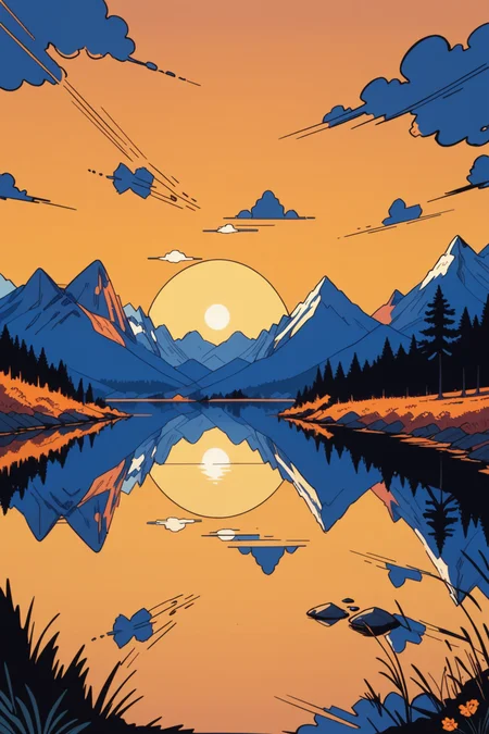 no humans, scenery, outdoors, mountain, sunset, sky, cloud, nature, lake, mountainous horizon, water, sun, landscape, reflection, tree, orange sky, rice paddy, a_Comic_Illustration, rough lines with ink, (drawn:1.1), (sketch:1.5), (crosshatching:1.25), (comic style:1.1), graphic novel style, sharp lines, hires, zstyle, (western comics \(style\):1.1), (hatching \(texture\):1.2), zPDXL, Mr_Monster_Possitive, <lora:Expressive_H:0.5>, score_9, score_8_up, score_8_up,