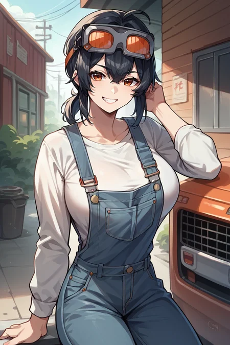 score_9, score_8_up, score_7_up, score_6_up, source_anime, 1girl, solo, <lora:zzzgrace-pdxl-nvwls-v1-000006:1> zzzGrace, black hair, ahoge, short ponytail, goggles on head, large breasts, white shirt, overalls, long sleeves, denim, looking at you, grin, garage