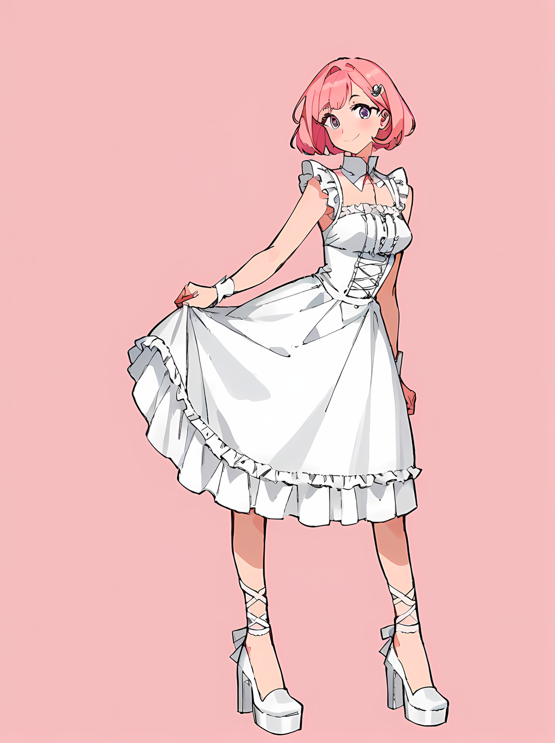 score_8_up, score_7_up, score_6_up, source_anime, 1girl, solo, simple background, pink background,
standing, pose, contrapposto, arched back, facing viewer, (full body:1.5),
smile, 
white dress, frilly dress
white footwear,  strappy heels <lora:Shoes_01:1>