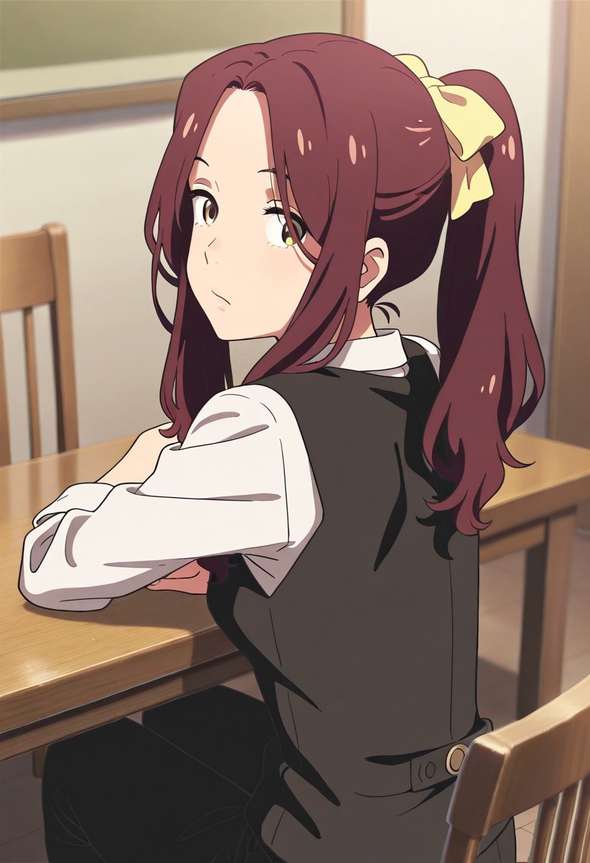 masterpiece,best quality,amazing quality, okudera miki, long hair, maroon hair, amber eyes, 1girl, solo, ponytail, looking at viewer, chair, bow, hair bow, shirt, vest, white shirt, looking back