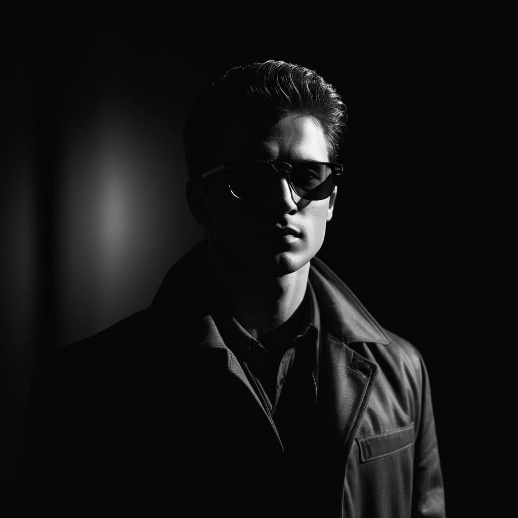 cinematic film still of  <lora:Low-key lighting Style:1>
dim light, low light, dramatic light, partially covered in shadow, a man wearing sunglasses and a jacket Low-key lighting Style,solo,looking at viewer,simple background,1boy,monochrome,greyscale,male focus,parted lips,glasses,sunglasses,black background,portrait,realistic, shallow depth of field, vignette, highly detailed, high budget, bokeh, cinemascope, moody, epic, gorgeous, film grain, grainy
