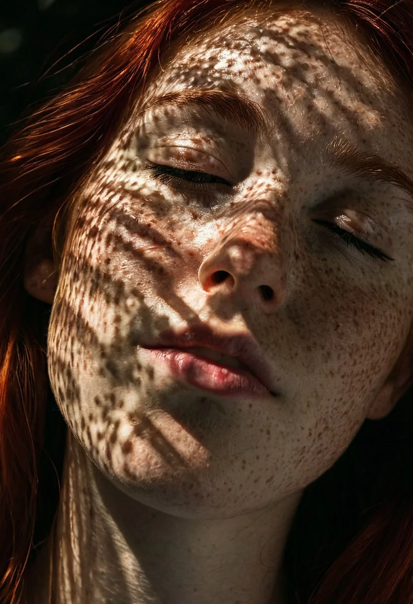 A portrait photograph shows a young woman with red hair and fair, freckled skin captured in extreme close-up, with her face tilted upward at 45 degrees and eyes peacefully closed. Natural dappled sunlight streams across her features, casting intricate shadows on her skin. The background features dark, moody tones. The woman's face is positioned in the center of the frame, illuminated by natural side lighting that creates shadows and highlights across her features. Close-up portrait photography with shallow depth of field and natural side lighting against a dark background.