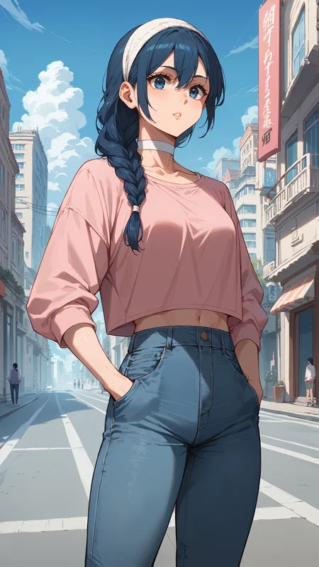 score_9,score_8_up,score_7_up,score_6_up, <lora:xl_more_art-full_v1:0.5>, source_anime, girl, dynamic pose, standing with hands in her pockets, <lora:Riko Amanai - Pony-000004:0.8>, blue hair, single braid, blue eyes, white hairband, white choker, pink top, skinny jeans, city, modern architecture,
