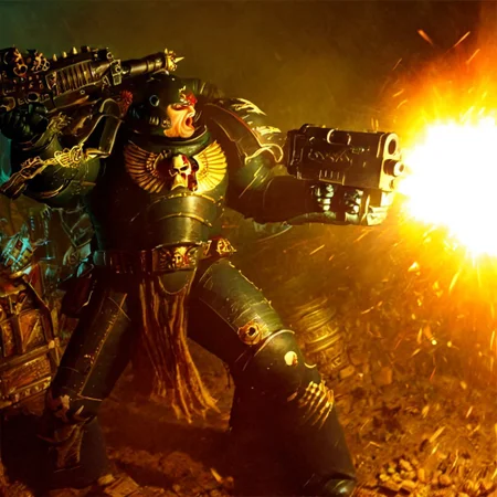 Score_9_up, absurdres, source: GamesWorkshop, grimdark, gothic horror, an adeptus astartes space marine in armor and helmet, he is firing a bolter gun