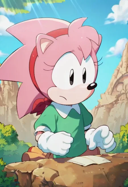 score_9, score_8, score_7, source_furry, amiroze, 1girl, solo, hairband, outdoors, gloves, white gloves, green shirt, tree, shirt, day