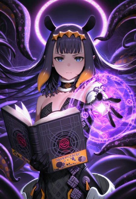 ninomae ina'nis \(1st costume\), holding book, casting spell, magic circle, purple theme, tentacles, dark, looking at viewer, serious, open book, floating hair, upper body, masterpiece, best quality