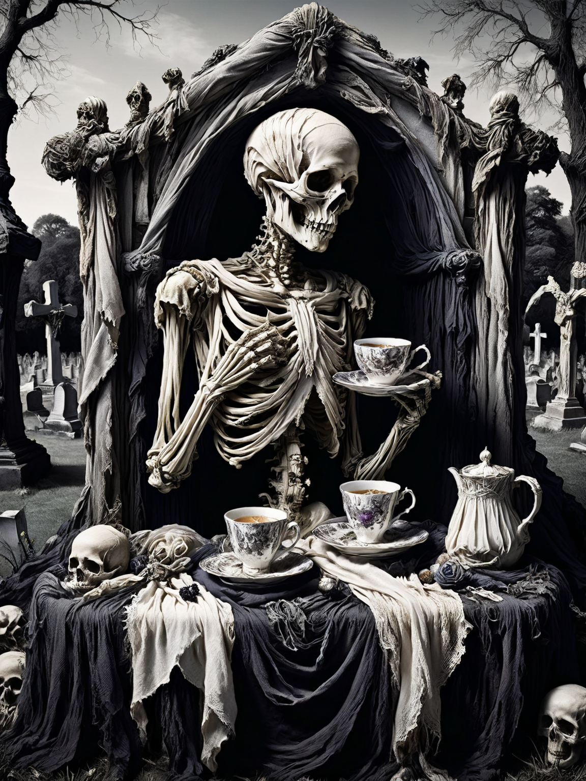 A skeleton enjoying a picnic in a graveyard, its bony fingers delicately holding a teacup draped in a shadowy linen napkin. <lora:Shadowy_Linens:0.8>, <lora:EnvyBetterHiresFixXL01:0:hr=1>