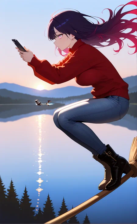 masterpiece, sharp detail, 1girl, detailed eyes, gradient eyes, highly detailed hairs, broom surfing, from side, standing, legs together, jeans, long hair, floating hair, boots, sweater, checking cellphone, lake, <lora:Bloom Surfing:0.8>