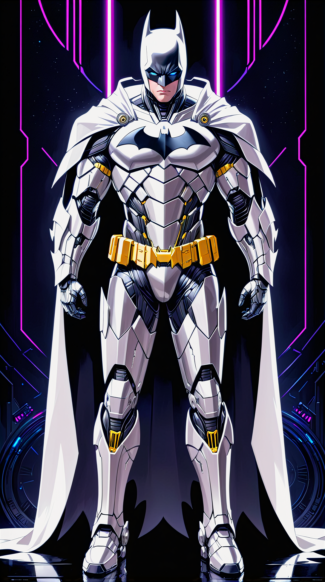 masterpiece, best quality, full body close-up of Batman dressed in intricate cyberpunk streamlined platinum armor, ultra high definition movie poster, dark cosmopolitan background, strong contrast, realistic art style