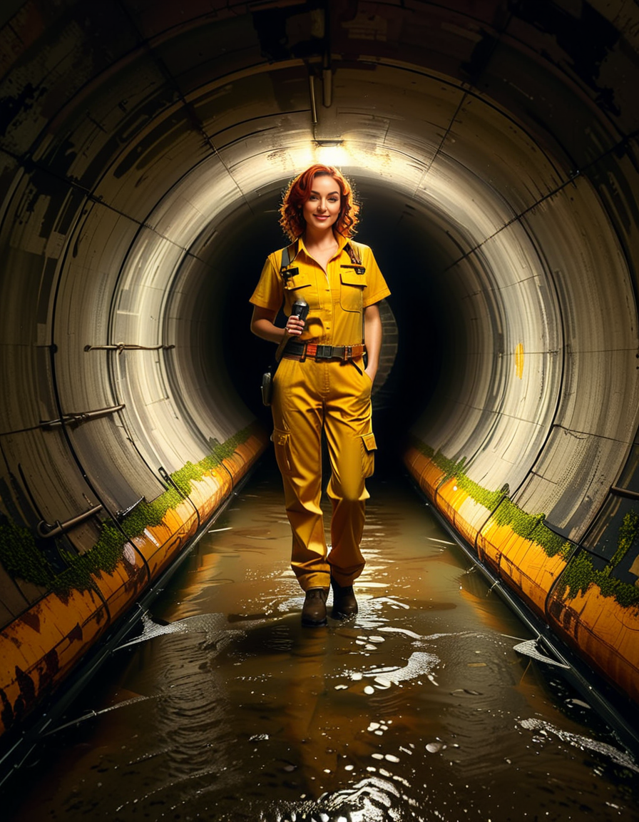 A young woman, April O'Neil, stands confidently in front of a large, circular sewer pipe,L4rg3 s3w3r p1p3. She has vibrant red, shoulder-length wavy hair and wears her iconic bright yellow jumpsuit with utility-style details, such as rolled-up sleeves and visible pockets. A brown utility belt is fastened around her waist. She holds a microphone or a small camera in one hand, highlighting her role as a journalist. Her expression is determined and slightly smiling, radiating courage and curiosity.
The sewer pipe behind her is massive and weathered, with green moss and moisture stains around its edges. The interior of the pipe is dark and shadowy, while the exterior is illuminated by soft natural light. There is a small puddle of water or wet ground in front of the pipe, reflecting faint light.
The background features an urban, industrial setting with worn brickwork surrounding the sewer opening, showing signs of age and decay. Small wild plants and grass grow around the base, adding a touch of nature to the scene.
The lighting is soft and dramatic, with natural sunlight streaming in and casting gentle reflections on the ground and inside the pipe. The image is styled as a semi-realistic illustration with vivid, bright colors for April O'Neil, contrasting with the muted, earthy tones of the background. The overall mood is adventurous and cinematic.<lora:SDXLFaeTastic2400:0.4> <lora:extremely_detailed:0.4> extremely detailed, <lora:L4rg3_s3w3r_p1p3:1>, Masterpiece,best quality,hi res,8k,hi res,8k,award winning,(sharp focus, intricate, highly detailed),