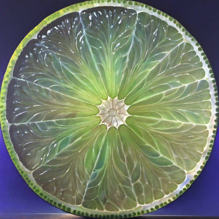 a hyper realistic image of a translucent thin slice of a green lime fruit, backlit with a dark blue background, fruityslices style
<lora:FruitySlicesXL-000003:1.0>
<lora:FruitySlicesXL-000003:1.0>