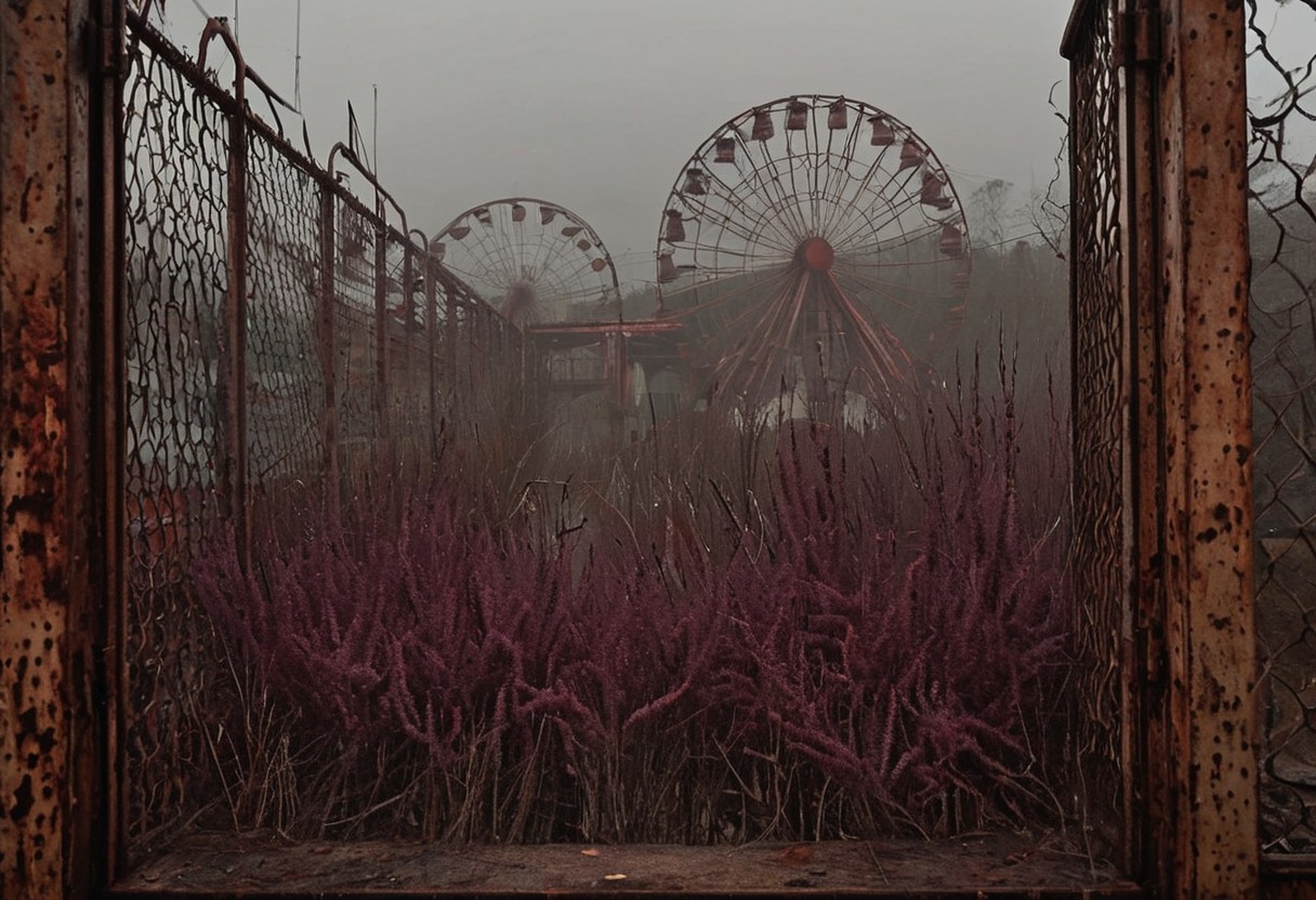 close shot, focus on Heather against overwhelming odds.Lakeside Amusement Park,Silent Hill 3,rusty browns and reds,the claustrophobic atmosphere, and the decaying environments. the sense of dread and the disturbing nature of the Otherworld transition,