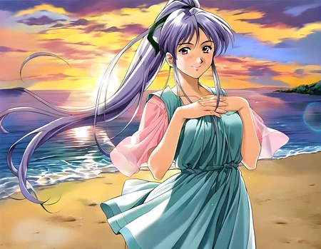 <lora:pony_XL_takabe:0.8>,takabe,score_9,score_8_up,score_7_up,source_anime,1girl,gentle smile,kind_smile,smile,cowboy_shot,beach,light_blush,hair fluttering in the wind,put your hands together,light blue dress,against backlight at dusk,strong rim light,lens_flare,bokeh,