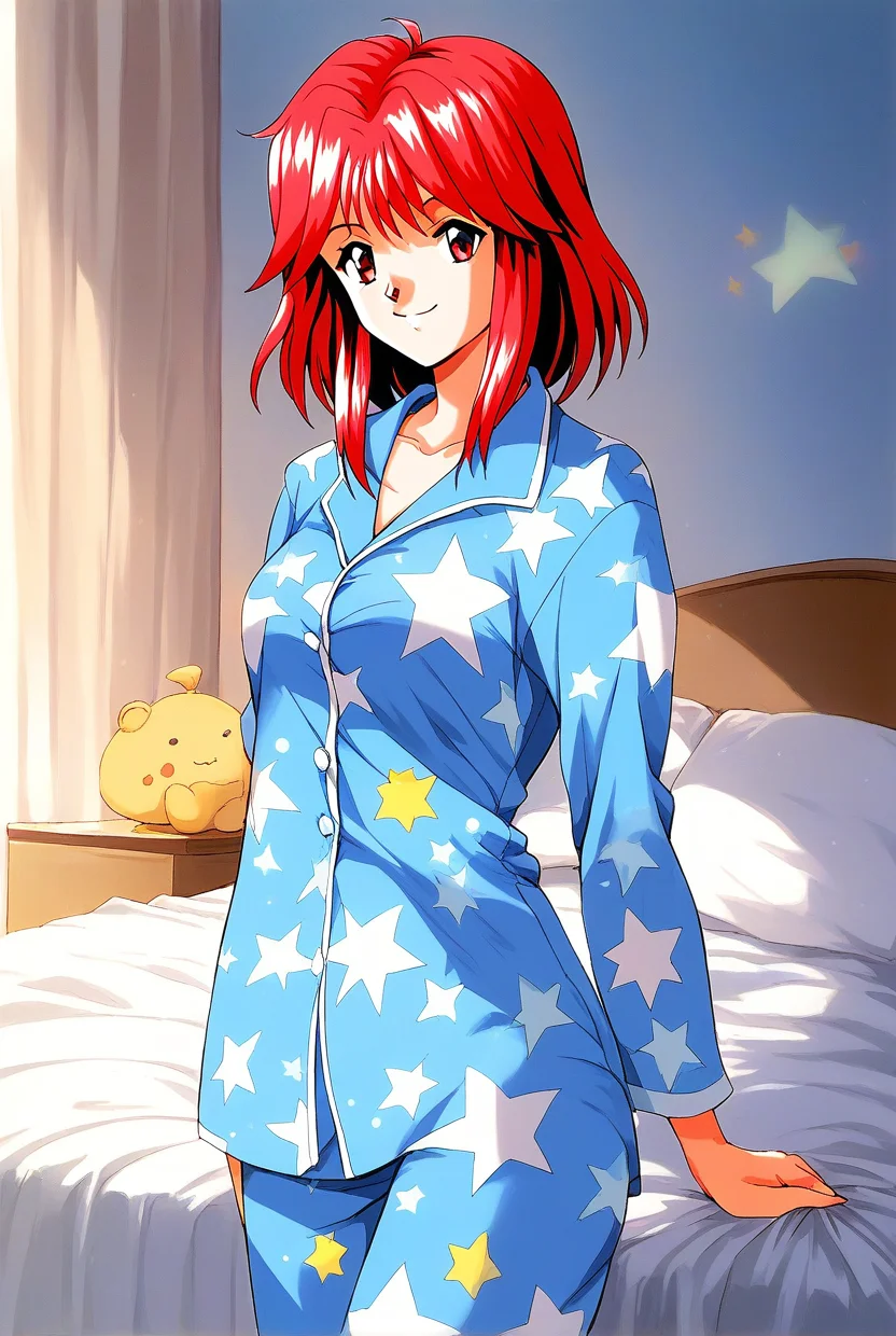 score_9, score_8_up, score_7_up, source_anime, rating_explicit, BREAK <lora:Asahina_Yuko_XL:1> AsahinaYuko, red hair, medium hair, red eyes, bangs, sidelocks, breasts, solo,
1girl, solo, light blue pajamas, 1990s (style),
star print, long sleeves, standing, star (symbol), long hair, smile
cowboyShot,
bed room,