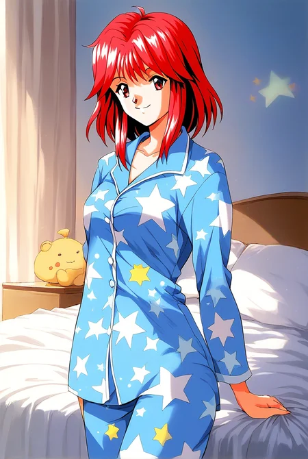 score_9, score_8_up, score_7_up, source_anime, rating_explicit, BREAK  <lora:Asahina_Yuko_XL:1> AsahinaYuko, red hair, medium hair, red eyes, bangs, sidelocks, breasts, solo,
1girl, solo, light blue pajamas, 1990s (style), 
star print, long sleeves, standing, star (symbol), long hair, smile
cowboyShot,
bed room,