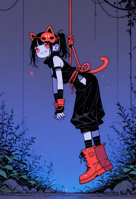 highres, very detailed, amazing quality, masterpiece,
very aesthetic, RBL-Illu, Flatline, Flat vector illustration,
particle effect, Cinematic, (flat lighting, flat color, flat design, no lineart:1),
1girl, beautiful eyes, ninja, pale skin, red eyes, ninja outfit, ninja pants, red rubber boots, red kitsune mask on head,
BREAK,
ninja theme,
confident grin,
hanging from rope, hanging up-side down,