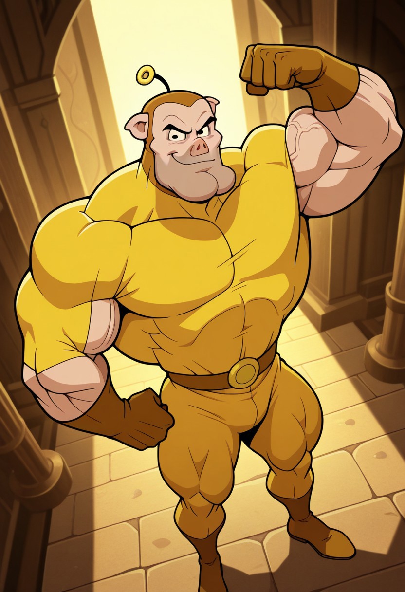 <lora:PorkPigglerDD:1>, solo, pork_piggler, male, pig boy, manly, masculine, black eyes, yellow bodysuit, belt, gloves, full body, feet out of frame, from above, close up , dynamic angle, flexing, smirk, BREAK unparalleled masterpiece, best quality, amazing quality, very aesthetic, high resolution, cinematic lighting, extremely-detailed, depth of field, newest, scenery, detailed skin, detailed muscles