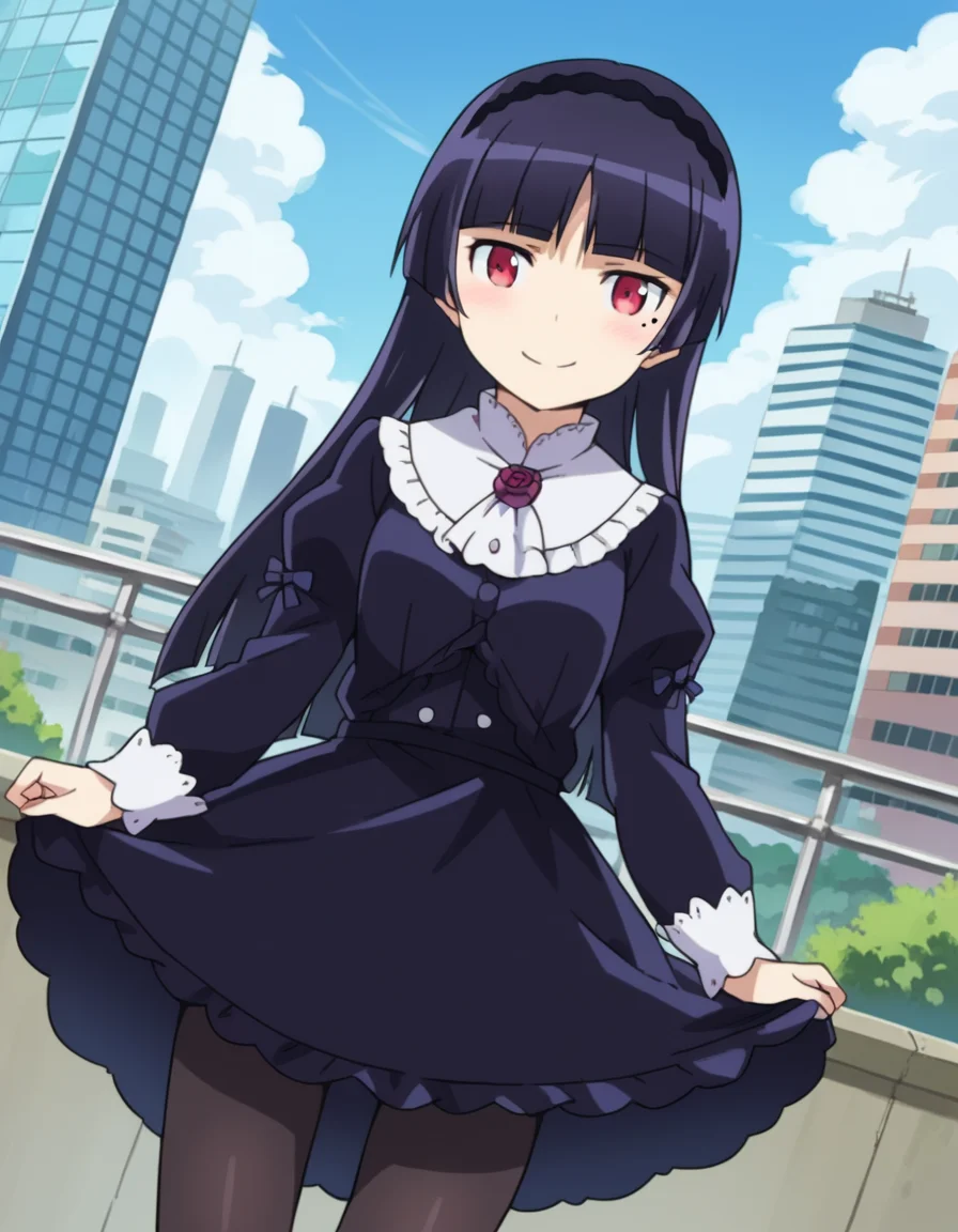 score_9, score_8_up, score_7_up, source_anime,
rurigokou, <lora:ruri-gokou-s2-ponyxl-lora-nochekaiser:1>,
ruri gokou, long hair, black hair, dress, pantyhose, mole, mole under eye, hime cut,
red eyes, dress, pantyhose, black dress, frills, puffy sleeves, long sleeves, hairband,
outdoors, cityscape, smile,
looking at viewer, cowboy shot, dutch angle,