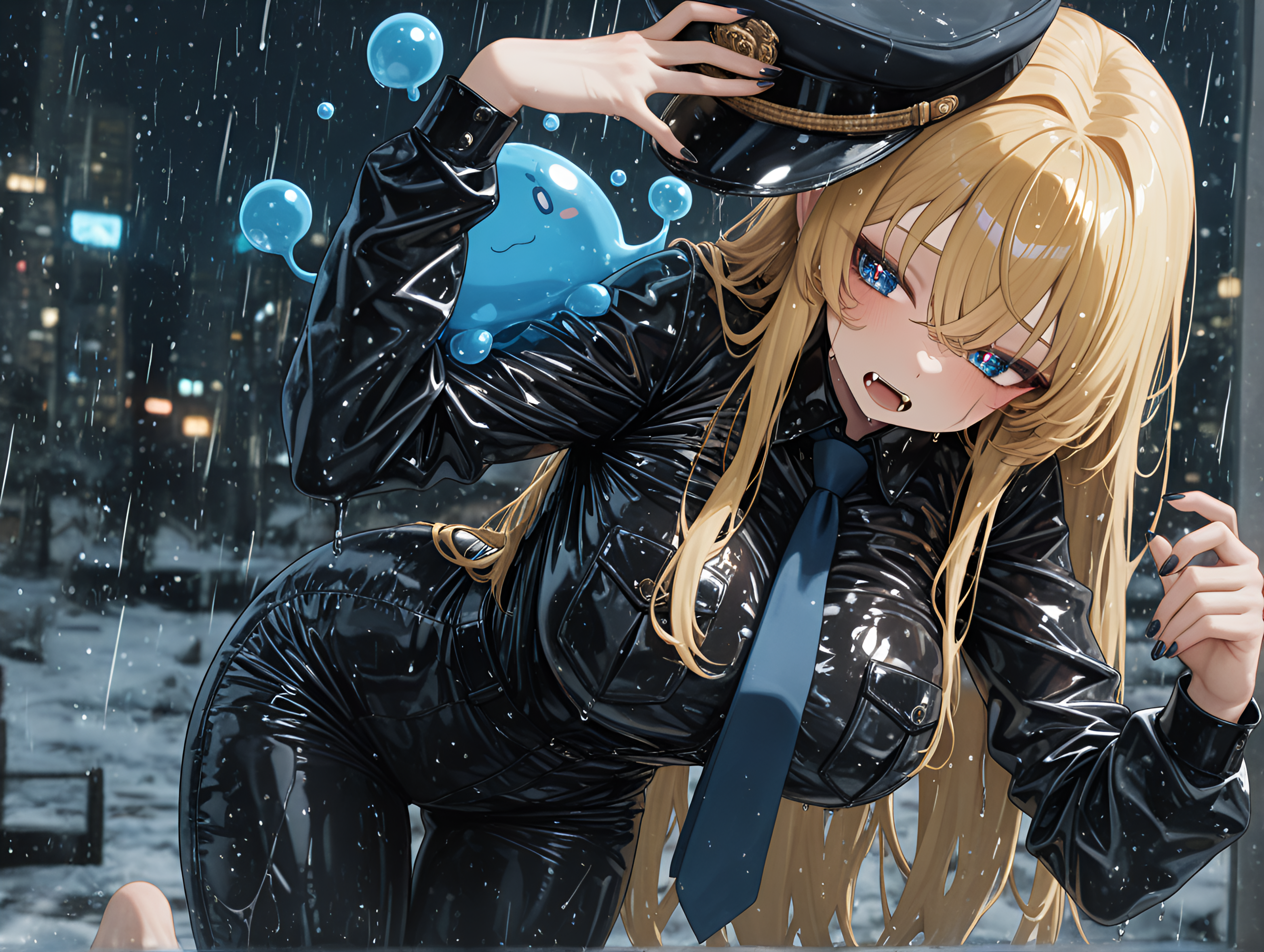 long_nails, masterpiece, revealing the chest., nail_polish, light skin, Holding a hat, 1boy, very long hair, ambient occlusion, impossibly large diamond, dreamcore, snow, very aesthetic, large breasts, refracting the light of a binary sunset., highlighted hair, cowboy shot, absurdres, hanging breasts, Sheer jumpsuit with a tie-dye design, Rainy Night (Wet reflections), motion_blur:1.1, RTX, 1girl, absolutely eye-catching, Sands-of-Time Hourglass, City carved into a single, blurry background, depth of field, motion_lines:1.1, fangs, barefoot, anime character, Mitsuko Kongou (A Certain Scientific Railgun), Dark Theme, amazing quality, 8K, newest, best quality, slime_(creature), In the style of 86, Honey blonde hair, ultra-detailed