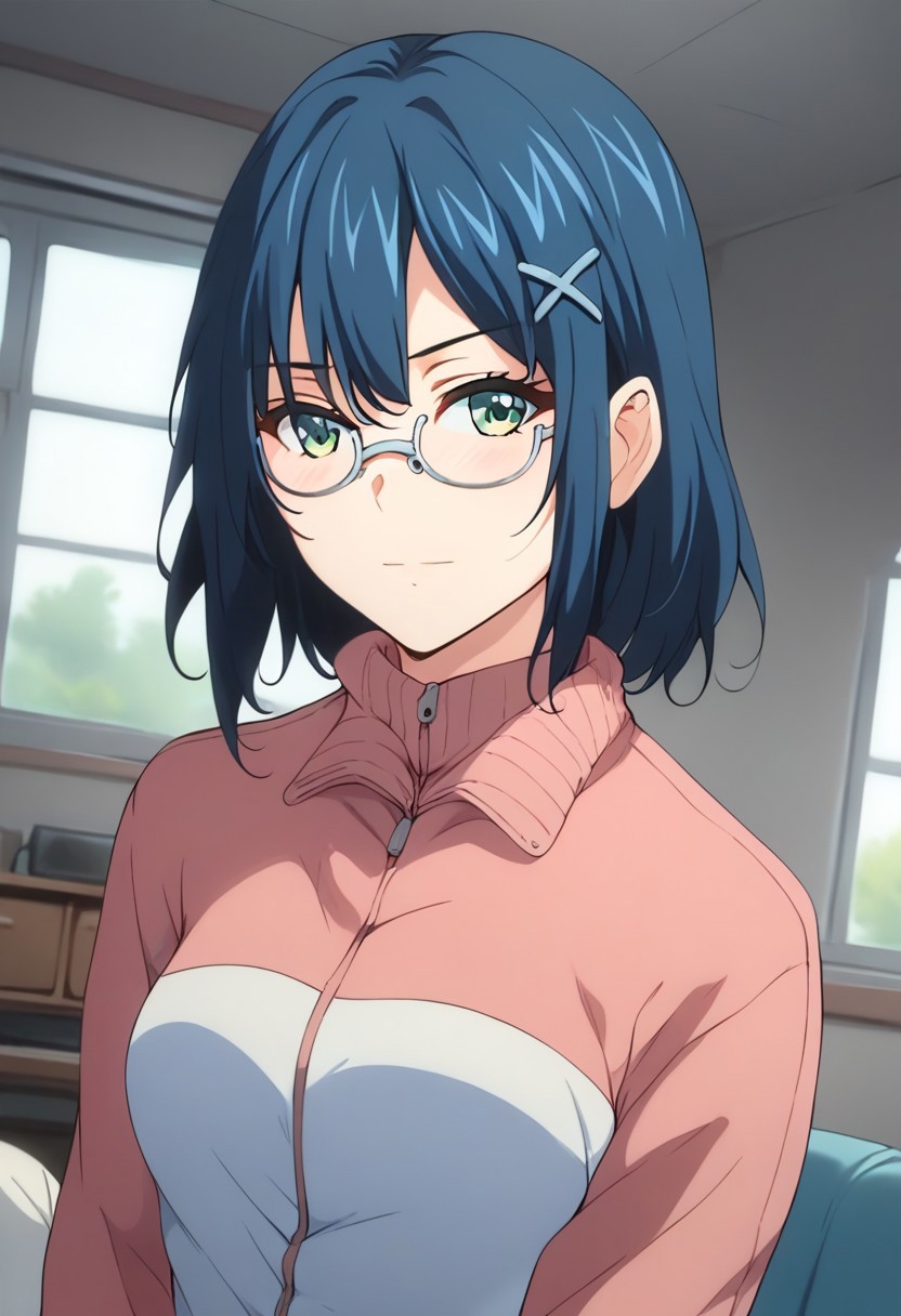 score_9,score_8_up,score_7_up,score_6_up,blurry, blurry background,1girl,naos,green eyes,blue hairhair ornament,hairclip,x hair ornament,glasses,,track jacket,track suit,posing,upper body,volumetric light,indoors,living room,cowboy shot, dutch angle
