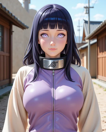 -cartoon styled wide shot, looking at viewer, outdoors daylight, a 25 year old woman,
front view, passport style with upper body and waistline
 <lora:Naruto_-_Hinata_v2-000030:1> n-hinata, purple eyes, blunt bangs, black hair
wearing a lavender and cream with zipper down jacket, (Konoha forehead protector with black fabric and metal plate placed around her neck:1.4)