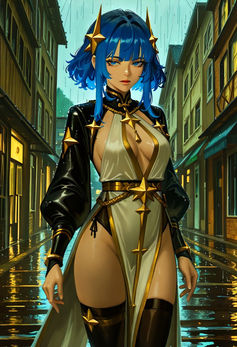 cowboy shot, 
1girl, hair ornament, gold ornaments, blue hair, blue eyes, black thighhighs, star hair ornament, star (symbol)
, outdoors, rain, [[photo_background]],
full_composition, [narue, guweiz, kornod], (realistic),
masterpiece, absurdres, newest, [dynamic pose]