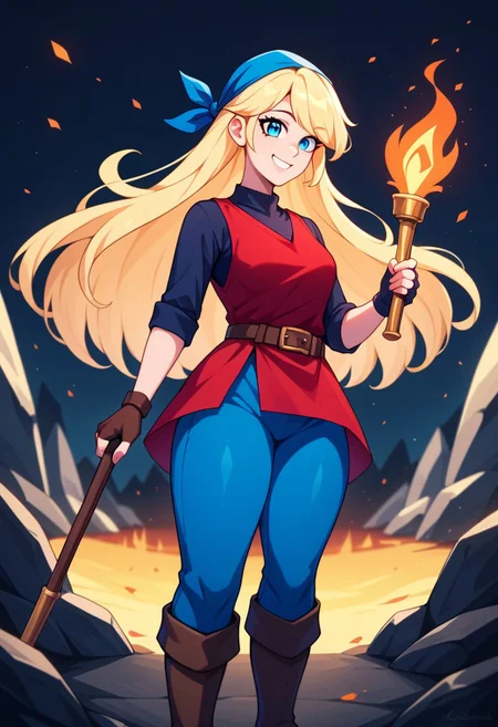 masterpiece, best quality, very aesthetic, absurdres,
score_9, score_8_up, score_7_up,score_6_up, score_5_up, score_4_up , 1girl, cadence, blue eyes, blonde hair, long hair,
thick thighs, blue bandana, red tunic, fingerless gloves, brown boots, belt, blue pants,
standing,
smile, holding torch, cave background <lora:CadenceIllustriousXL_byKonan:1>