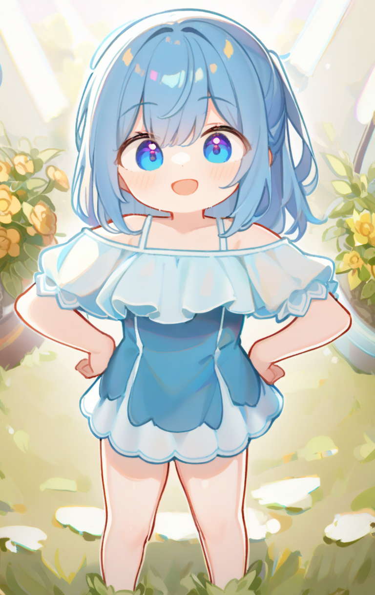 1girl,solo,blue hair,blue eyes,off-shoulder_dress,;d,huge filesize,colorful,in summer,hands_on_hips,lawn,<lora:tianliang3:1>,