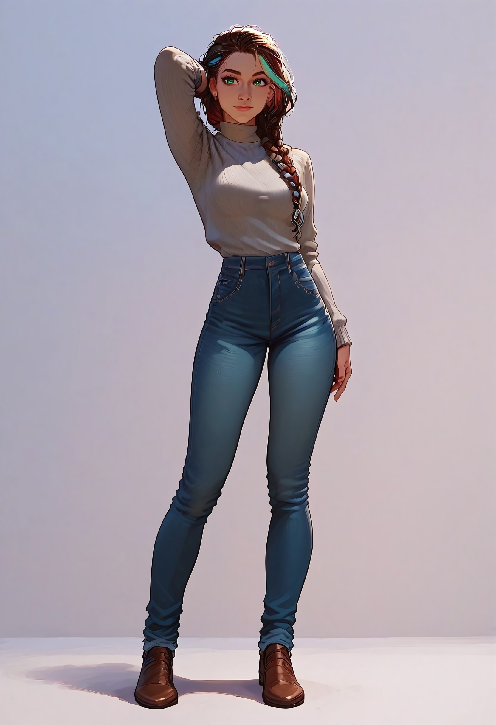 safe_pos, safe_pos, score_9, score_8_up, score_7_up,  (1girl, solo, braided hair, 1strand of colored hair, green eyes), standing, pose, fitting blue jeans, grey sweater, indoor, photo studio, full-body shot